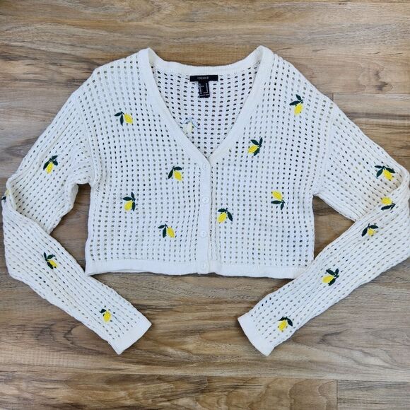 🔹️Forever 21 Cream w/Lemons Open Knit Crop Long Sleeve Sweater Medium - Picture 3 of 12